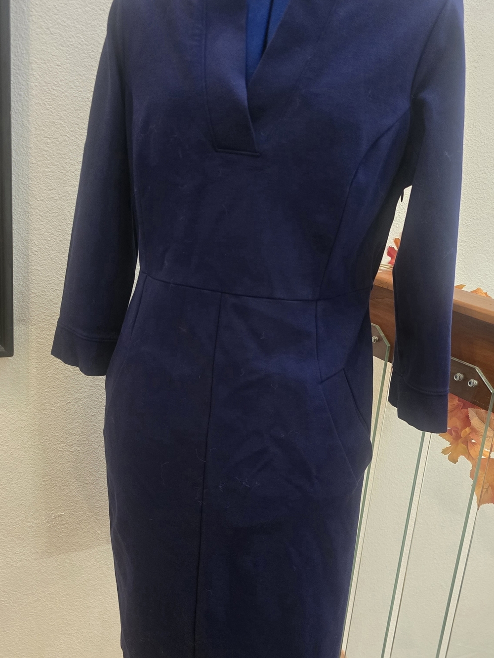 Lands' End Womens Ponte 3/4 Sleeve Split Neck Shift Sheath Dress Size 10 Pockets